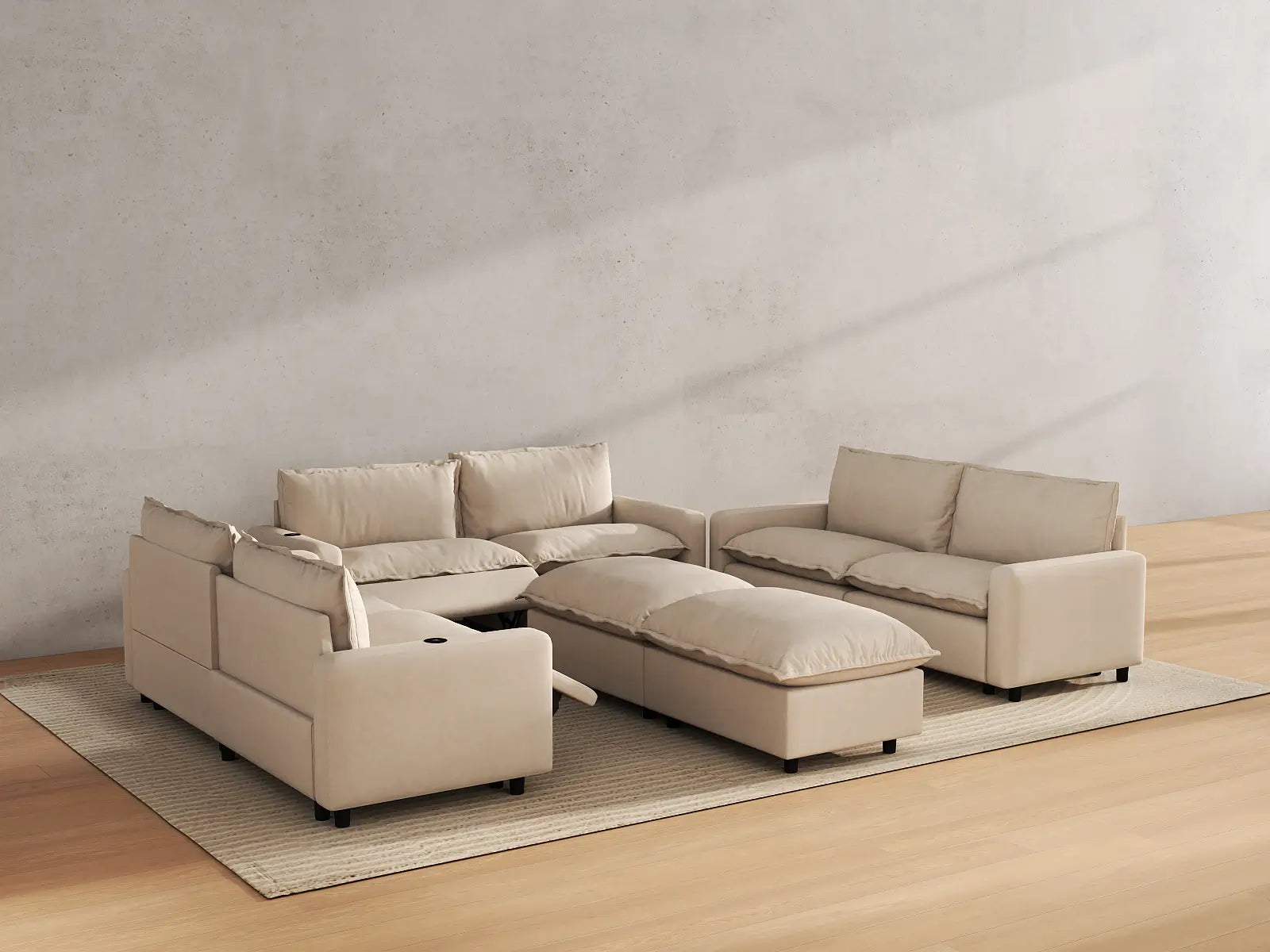 Modular Cero Reclining Sectionals | 8-Piece Beige Linen Open Plan Sofa Sets 6-Seater with 2-Ottomans