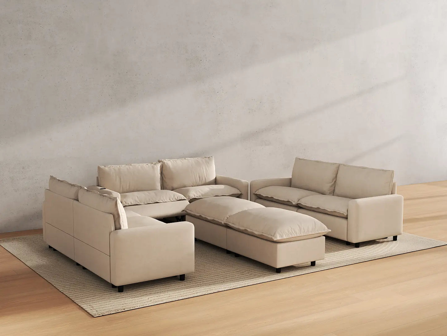 Modular Cero Reclining Sectionals | 8-Piece Beige Linen Open Plan Sofa Sets 6-Seater with 2-Ottomans