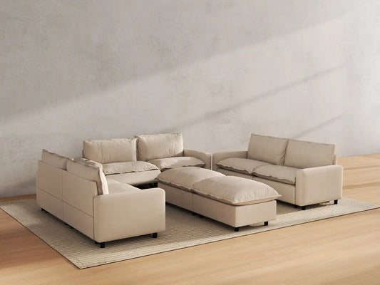 Modular Cero Reclining Sectionals | 8-Piece Beige Linen Open Plan Sofa Sets 6-Seater with 2-Ottomans