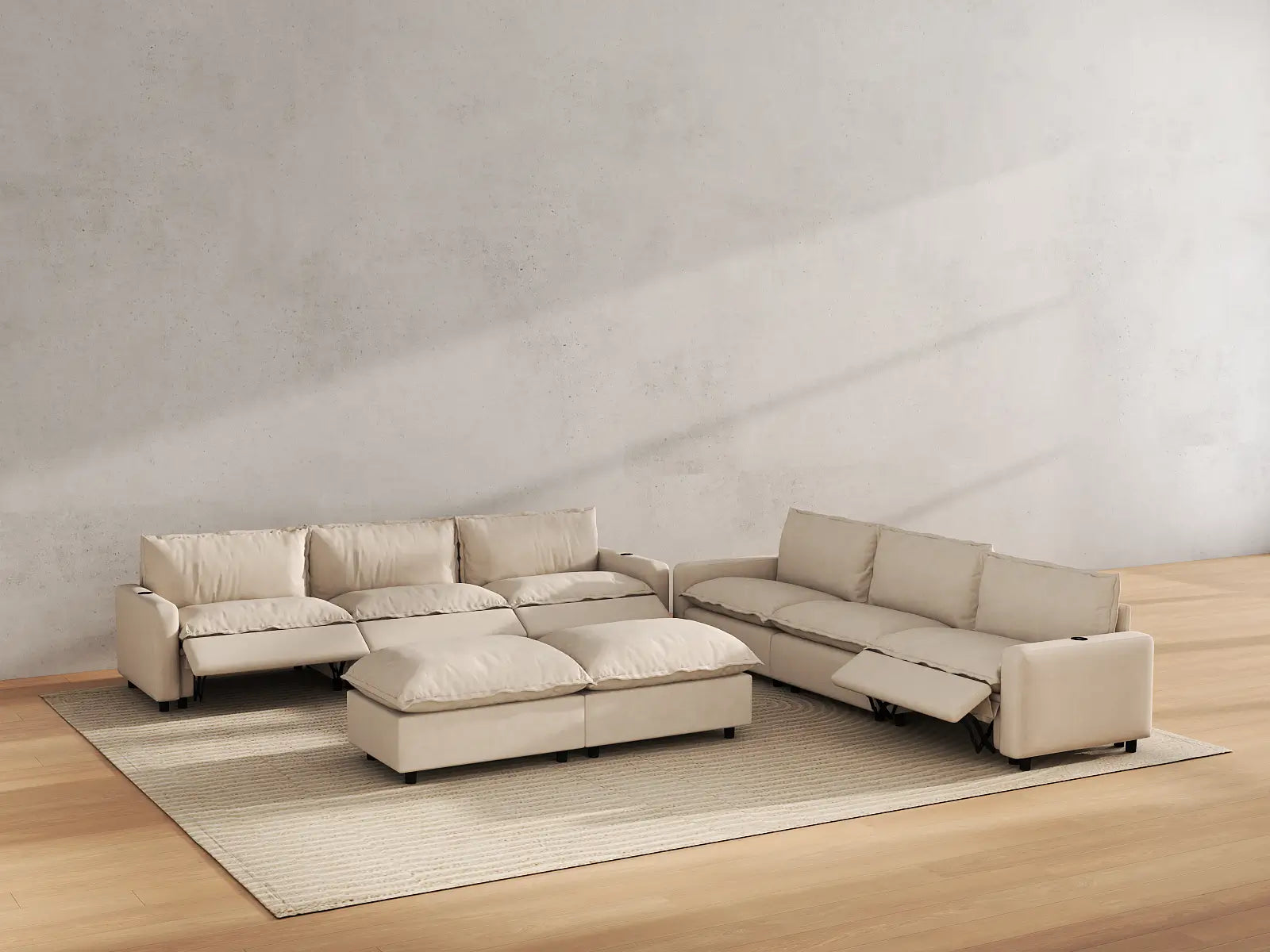 Modular Cero Sofa and Recliner Set Sale | 8-Piece Beige Linen Open Plan Sofa Sets 6-Seater with 2-Ottomans