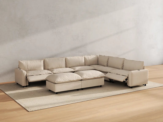 Modular Cero Reclining Sectionals | 8-Piece Beige Linen Open Plan Sofa Sets 6-Seater with 2-Ottomans