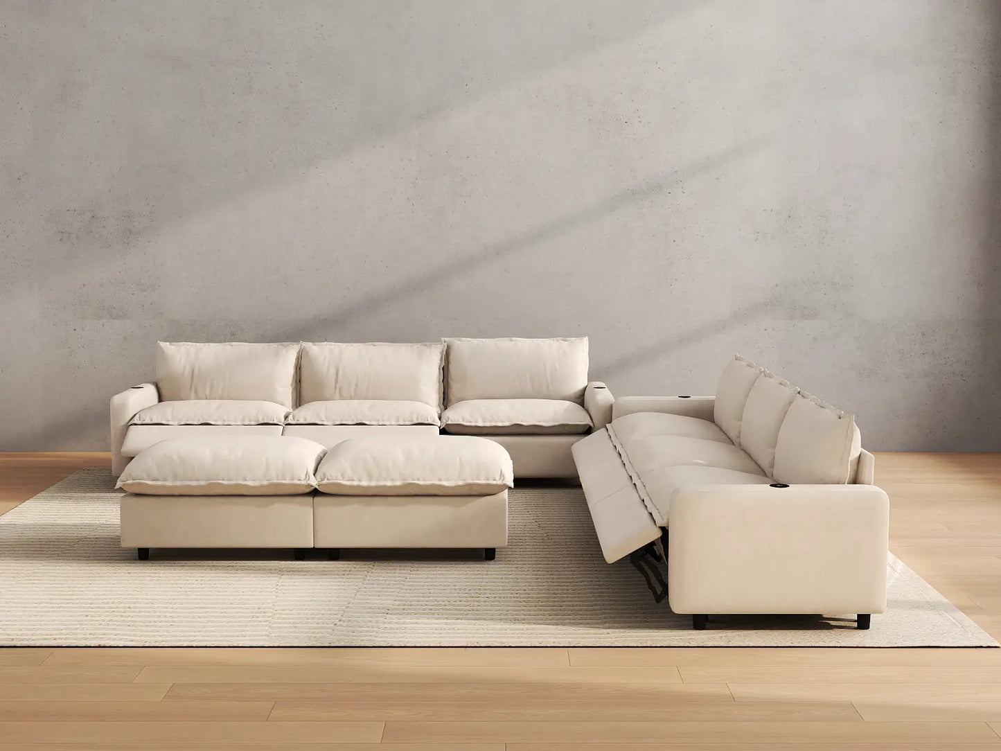 Modular Cero Reclining Sectionals | 8-Piece Beige Linen Open Plan Sofa Sets 6-Seater with 2-Ottomans