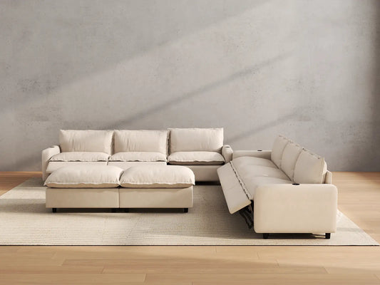 Modular Cero Reclining Sectionals | 8-Piece Beige Linen Open Plan Sofa Sets 6-Seater with 2-Ottomans