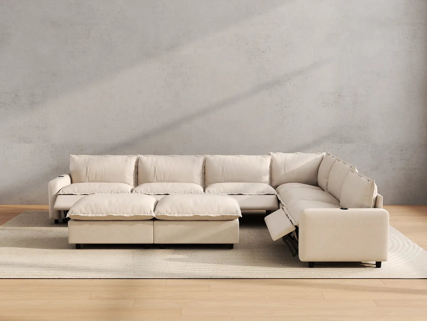 Modular Cero Reclining Sectionals | 8-Piece Beige Linen Open Plan Sofa Sets 6-Seater with 2-Ottomans
