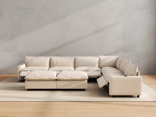 Modular Cero Reclining Sectionals | 8-Piece Beige Linen Open Plan Sofa Sets 6-Seater with 2-Ottomans