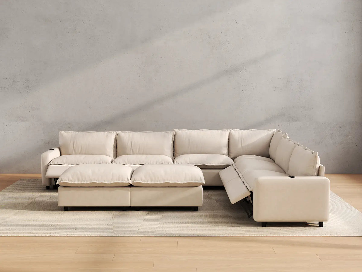 Modular Cero Reclining Sectionals | 8-Piece Beige Linen Open Plan Sofa Sets 6-Seater with 2-Ottomans