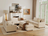 Modular Cero Reclining Sectionals | 8-Piece Beige Linen Open Plan Sofa Sets 6-Seater with 2-Ottomans