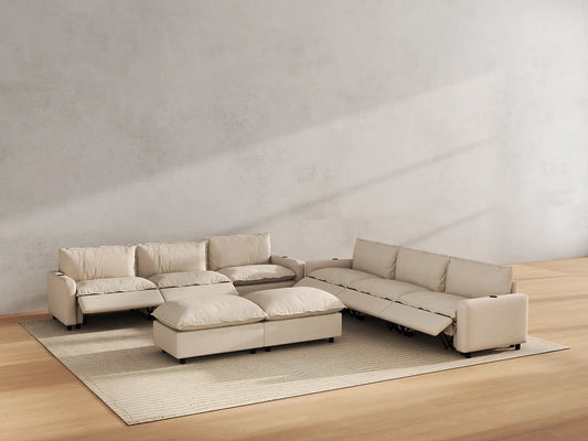 Modular Cero Reclining Sectionals | 8-Piece Beige Linen Open Plan Sofa Sets 6-Seater with 2-Ottomans