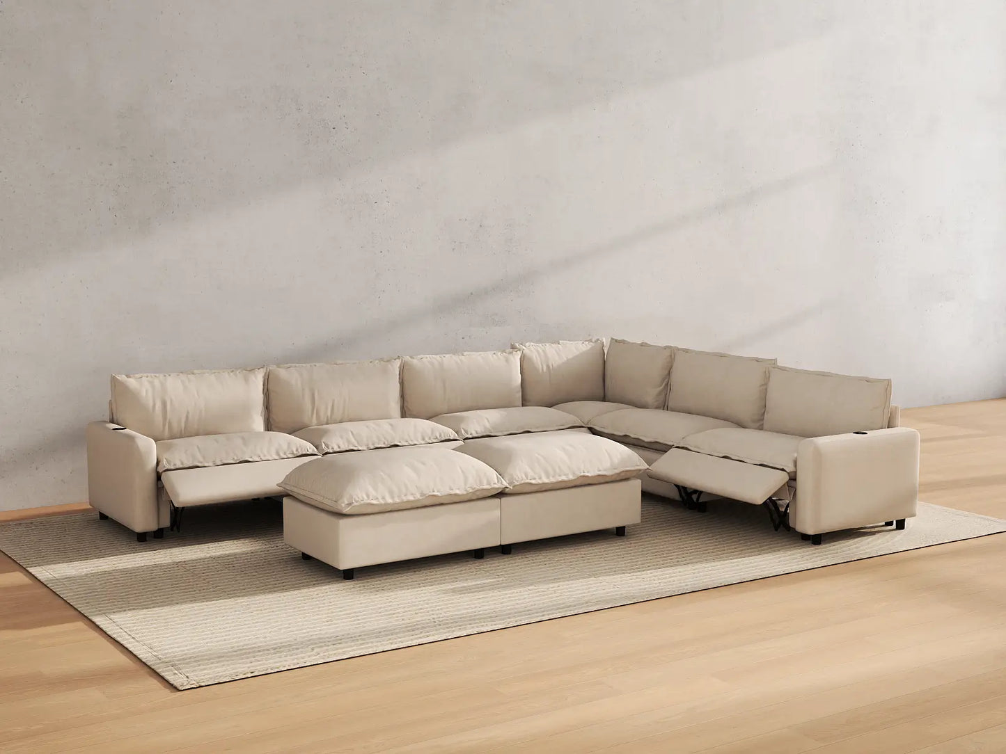 Modular Cero Reclining Sectionals | 8-Piece Beige Linen Open Plan Sofa Sets 6-Seater with 2-Ottomans