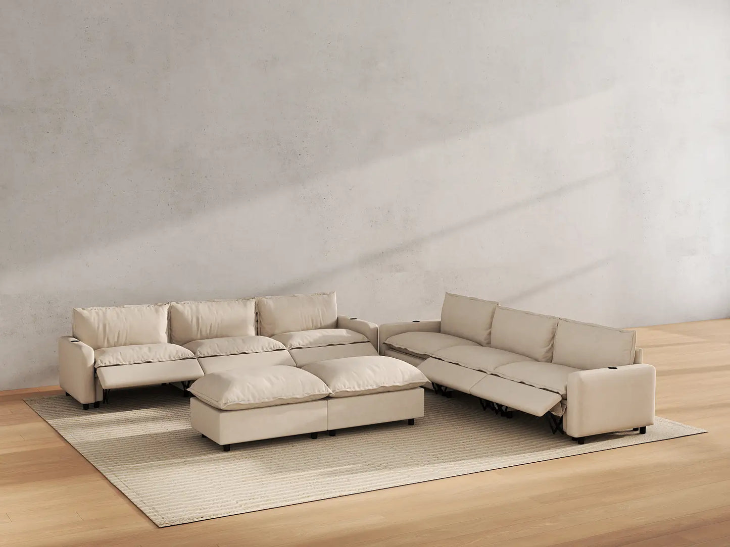 Modular Cero Reclining Sectionals | 8-Piece Beige Linen Open Plan Sofa Sets 6-Seater with 2-Ottomans