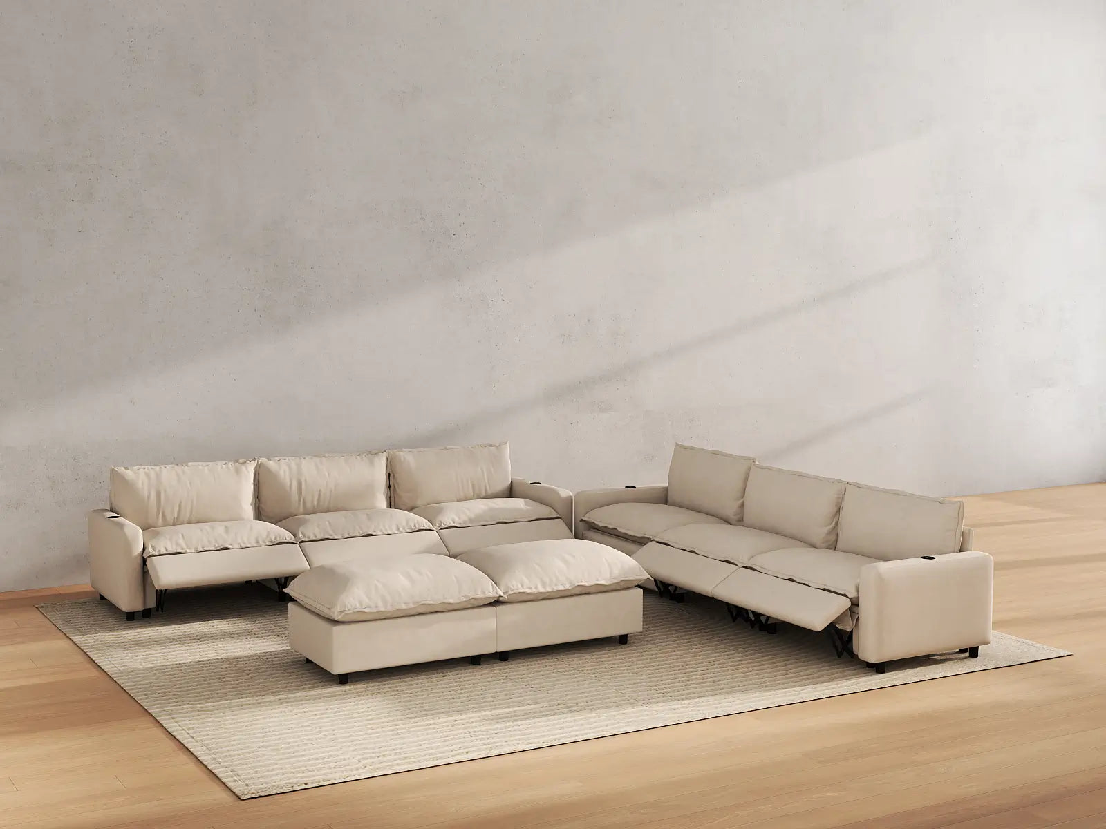 Modular Cero Living Room Sofa Set Recliner | 8-Piece Beige Linen Open Plan Sofa Sets 6-Seater with 2-Ottomans