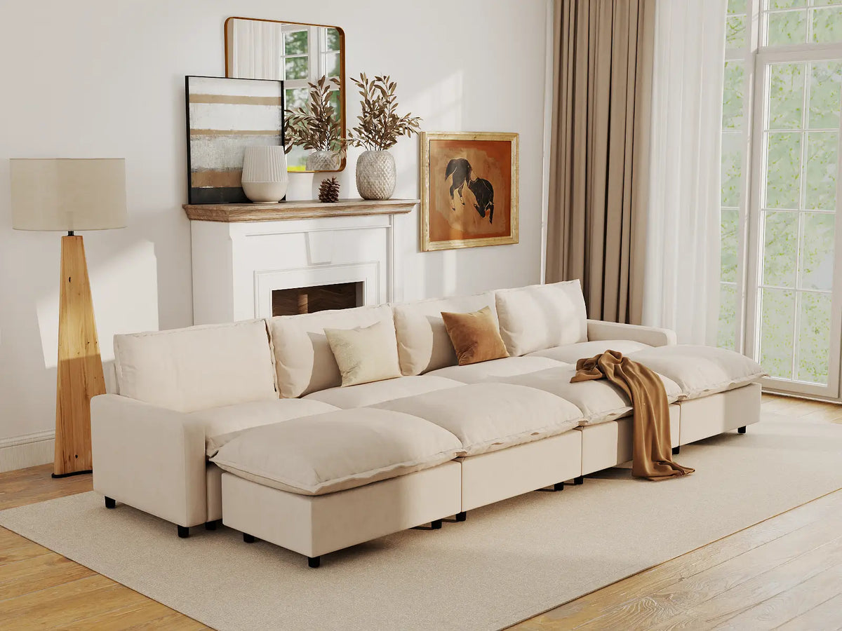 Modular Cero Modular Sectionals | 8-Piece Beige Linen Open Space Pit Sectionals 4-Seater with 4-Ottomans