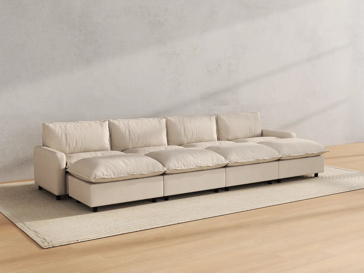 Modular Cero Modular Sectionals | 8-Piece Beige Linen Open Space Pit Sectionals 4-Seater with 4-Ottomans