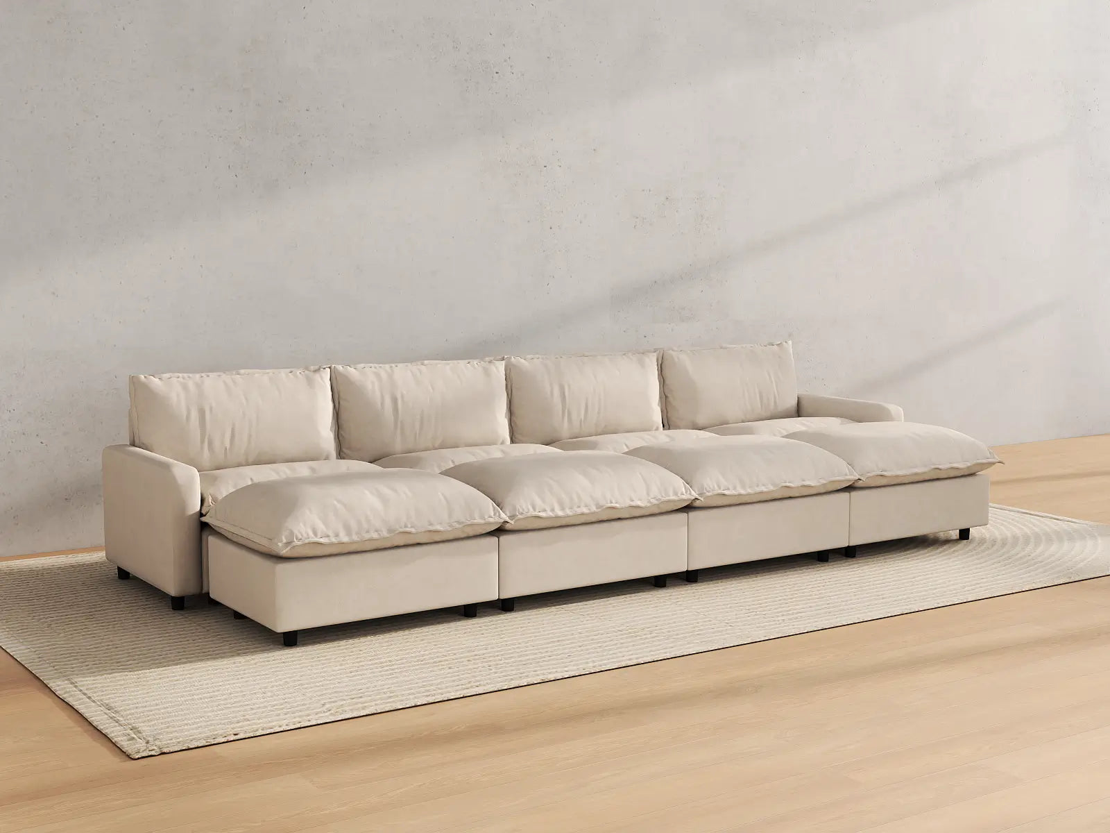 Modular Cero Modular Sectional Furniture | 8-Piece Beige Linen Open Space Pit Sectionals 4-Seater with 4-Ottomans