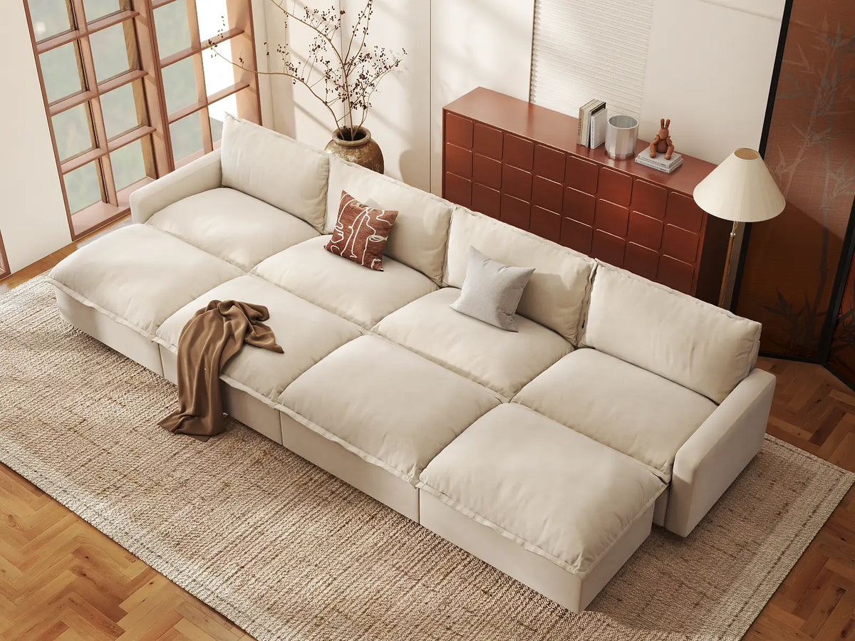 Modular Cero Modular Sectionals | 8-Piece Beige Linen Open Space Pit Sectionals 4-Seater with 4-Ottomans