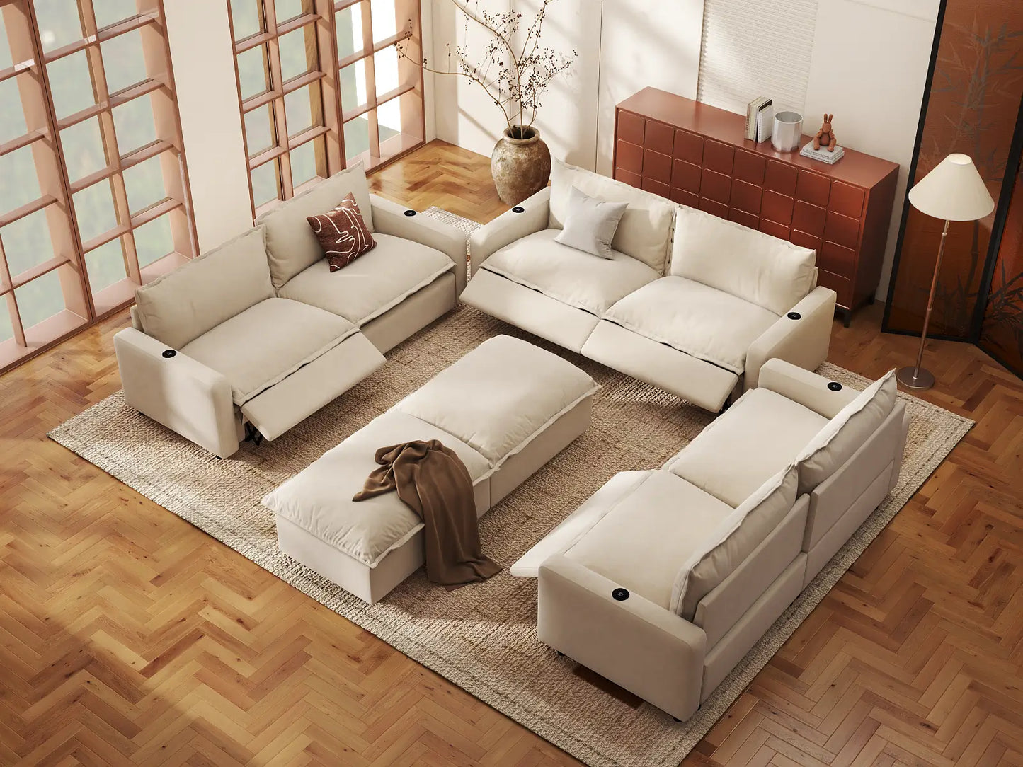 Modular Cero Reclining Sectionals | 8-Piece Beige Linen Open Space Sofa Sets 6-Seater with 2-Ottomans