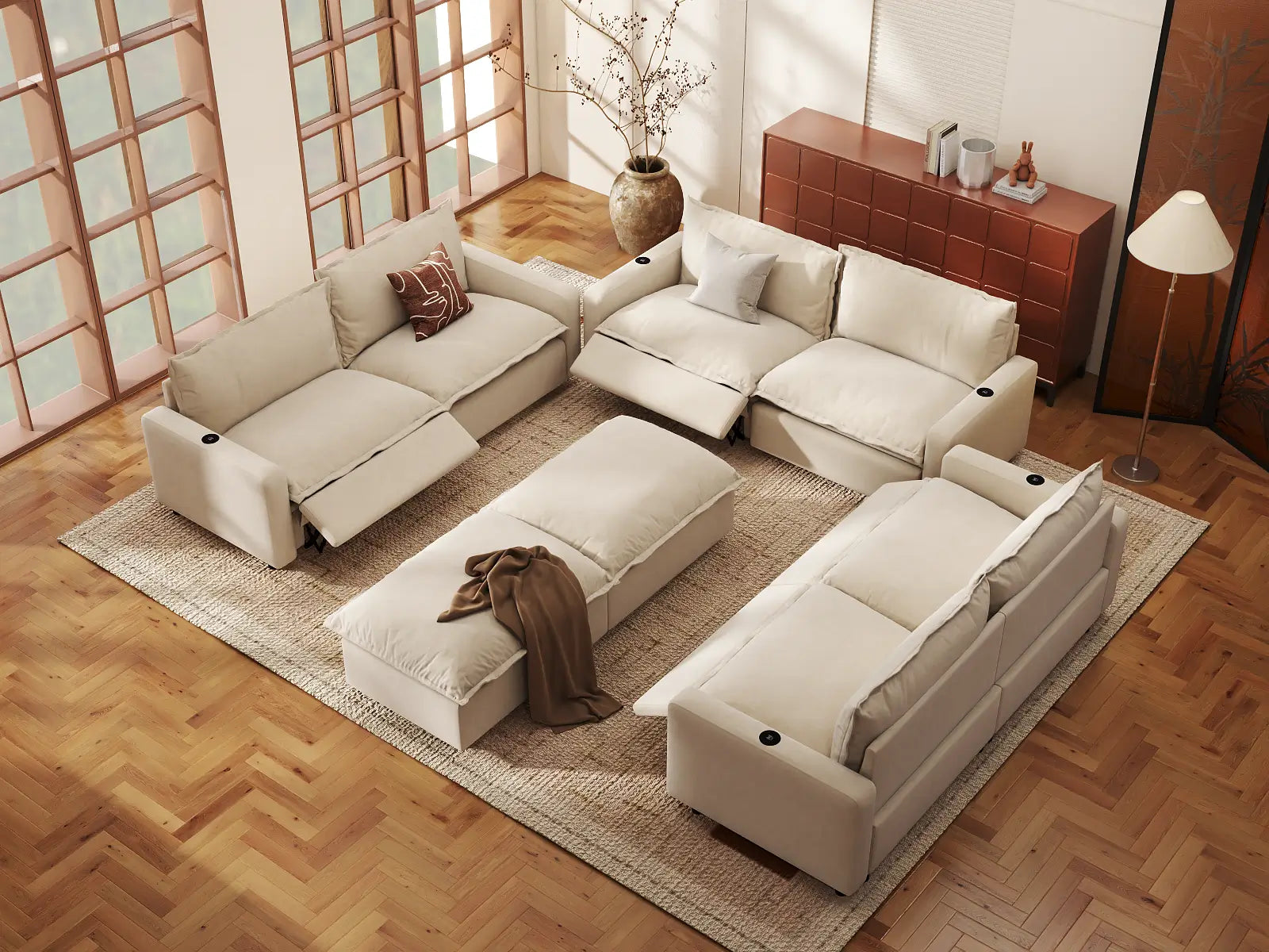 Modular Cero Reclining Sectionals | 8-Piece Beige Linen Open Space Sofa Sets 6-Seater with 2-Ottomans