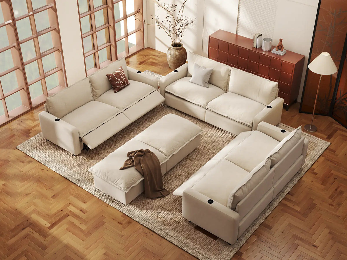 Modular Cero Reclining Sectionals | 8-Piece Beige Linen Open Space Sofa Sets 6-Seater with 2-Ottomans