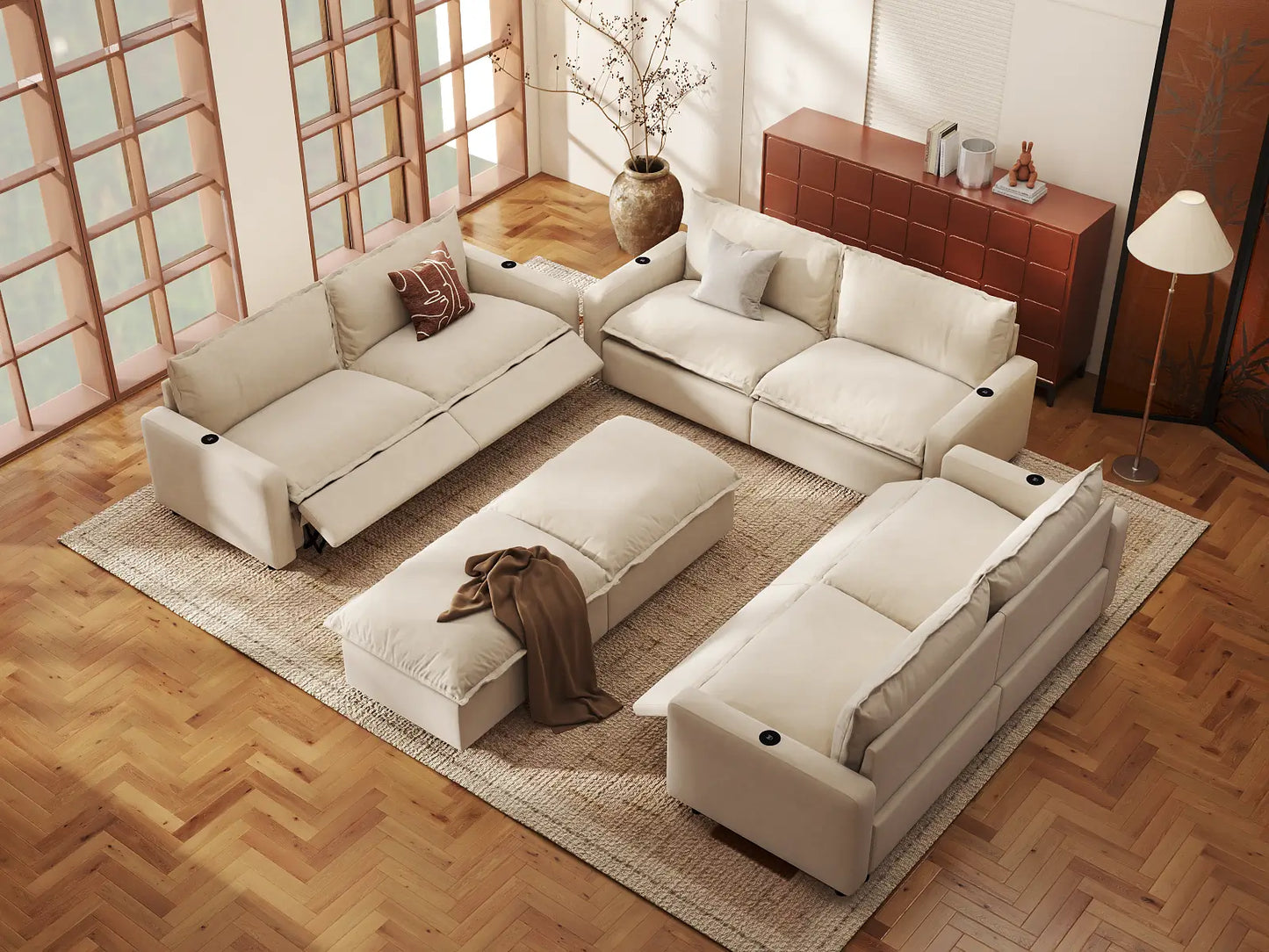 Modular Cero Reclining Sectionals | 8-Piece Beige Linen Open Space Sofa Sets 6-Seater with 2-Ottomans