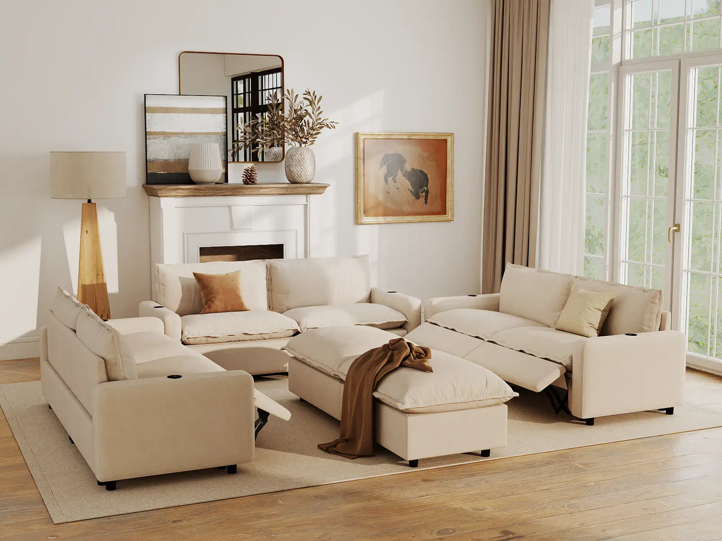Modular Cero Reclining Sectionals | 8-Piece Beige Linen Open Space Sofa Sets 6-Seater with 2-Ottomans