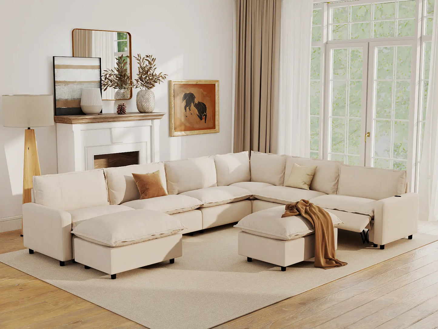 Modular Cero Sofa Recliner Set | 8-Piece Beige Linen Open Space Sofa Sets 6-Seater with 2-Ottomans