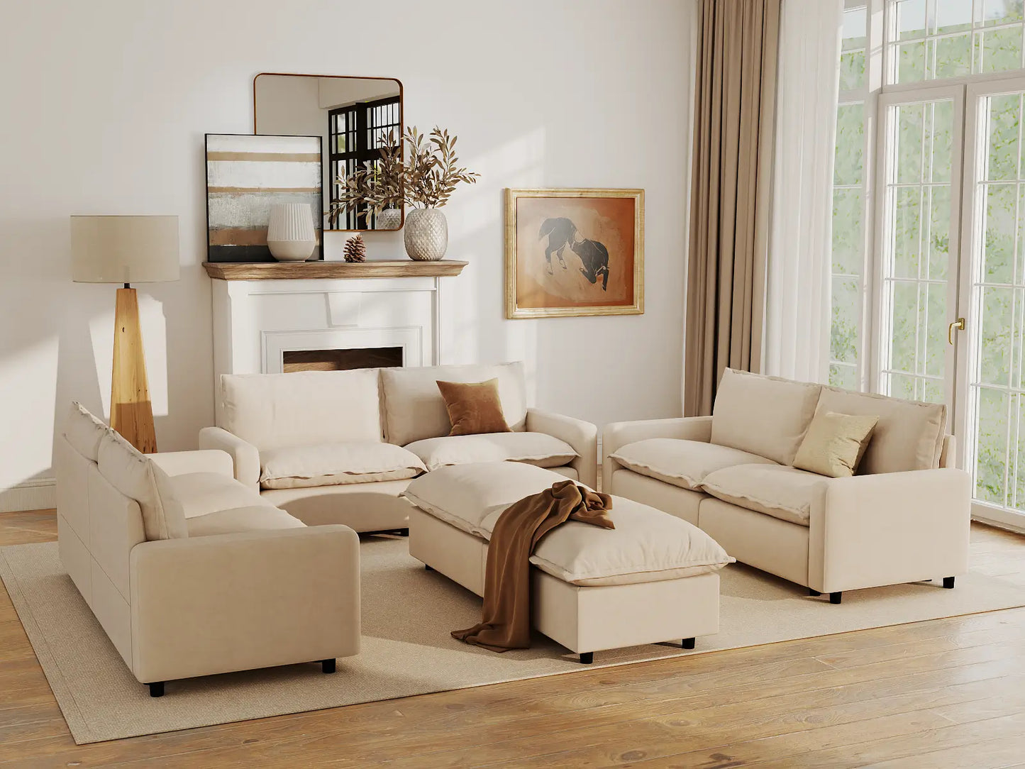 Modular Cero Modular Sectionals | 8-Piece Beige Linen Open Space Sofa Sets 6-Seater with 2-Ottomans