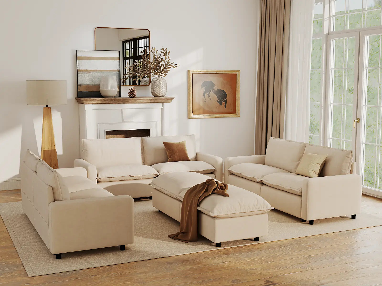 Modular Cero Modular Sectionals | 8-Piece Beige Linen Open Space Sofa Sets 6-Seater with 2-Ottomans