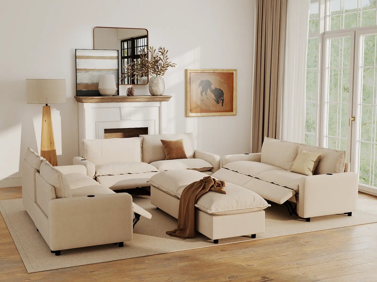 Modular Cero Reclining Sectionals | 8-Piece Beige Linen Open Space Sofa Sets 6-Seater with 2-Ottomans