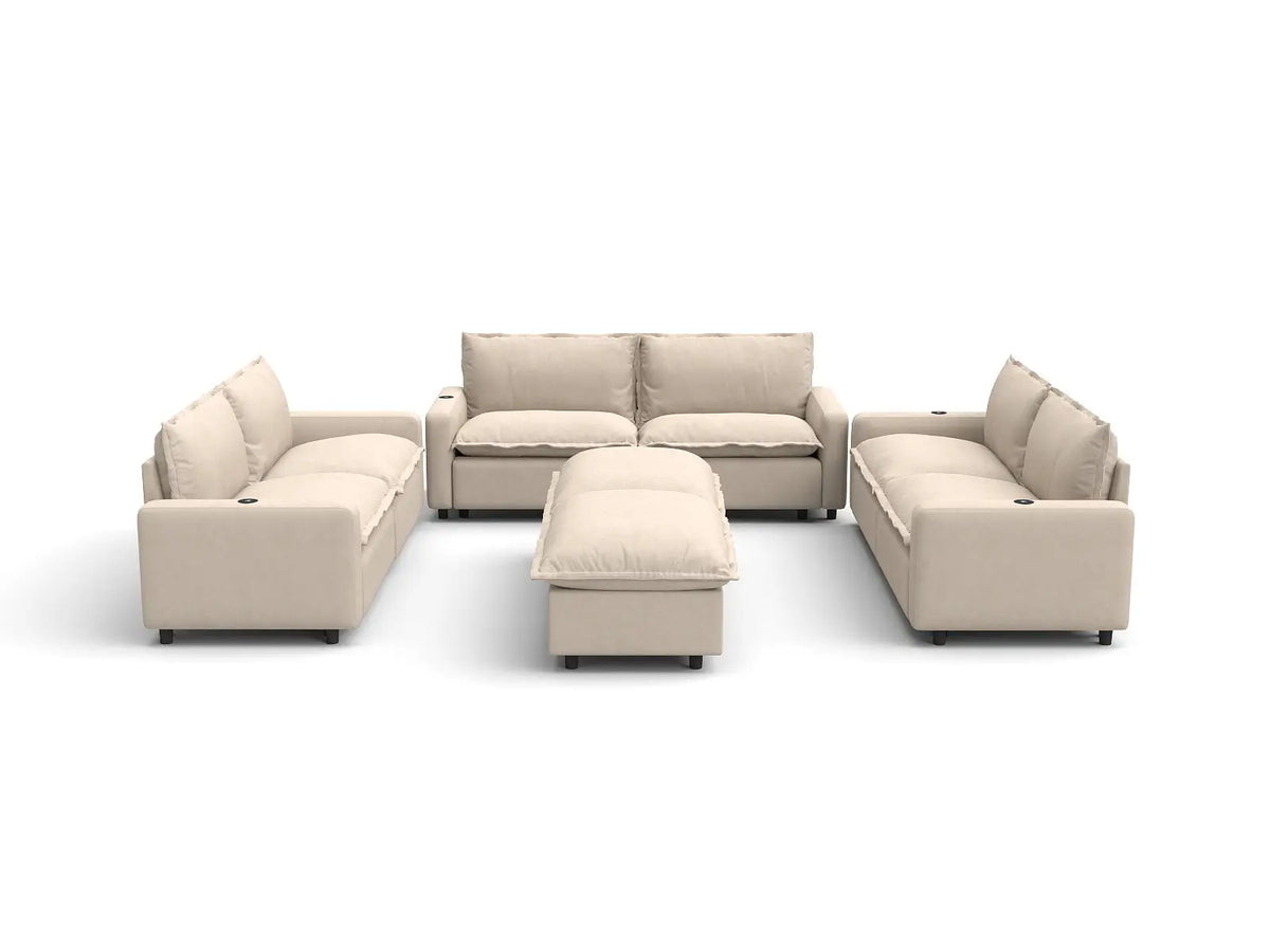 Modular Cero Reclining Sectionals | 8-Piece Beige Linen Open Space Sofa Sets 6-Seater with 2-Ottomans