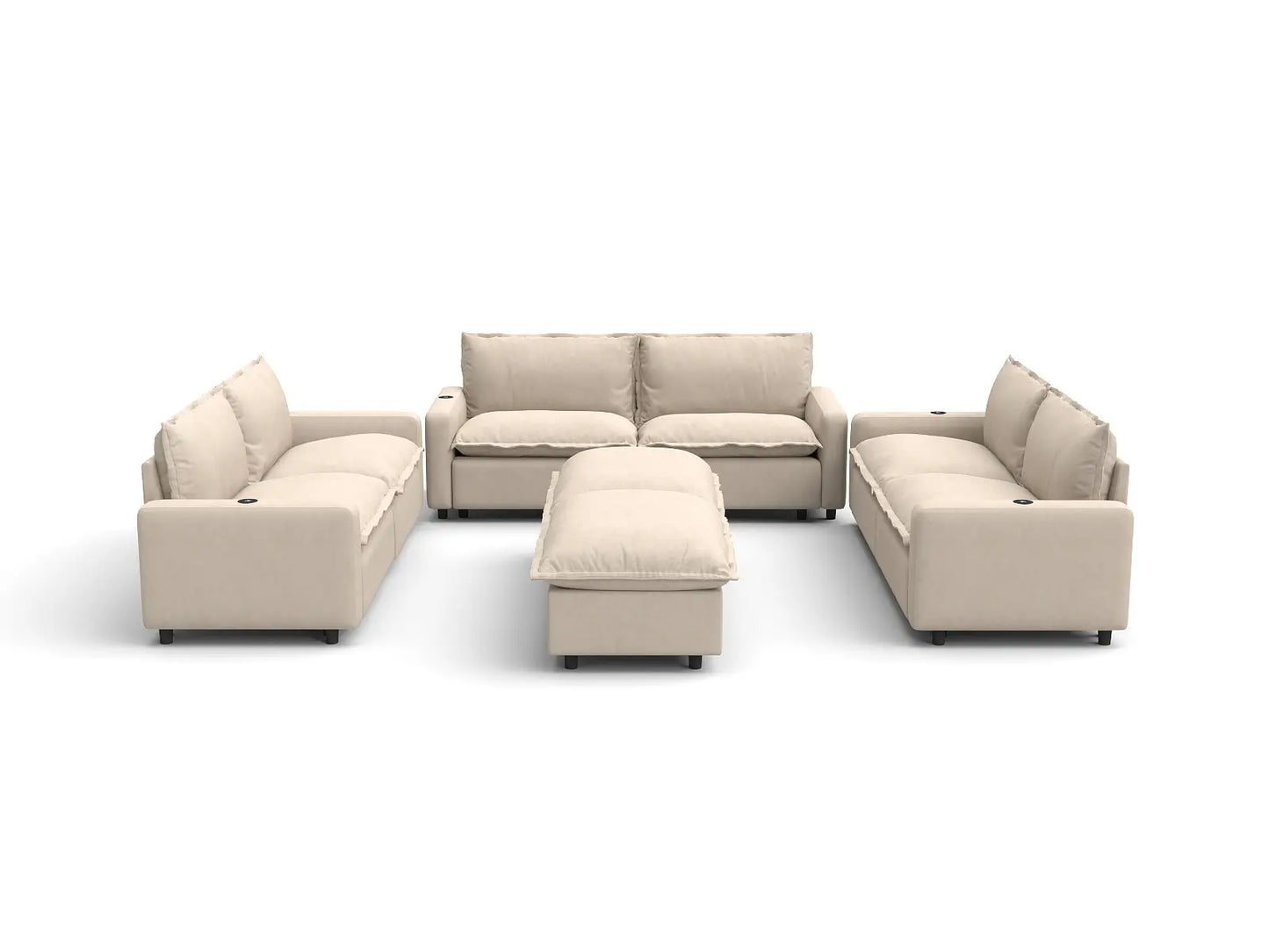 Modular Cero Reclining Sectionals | 8-Piece Beige Linen Open Space Sofa Sets 6-Seater with 2-Ottomans