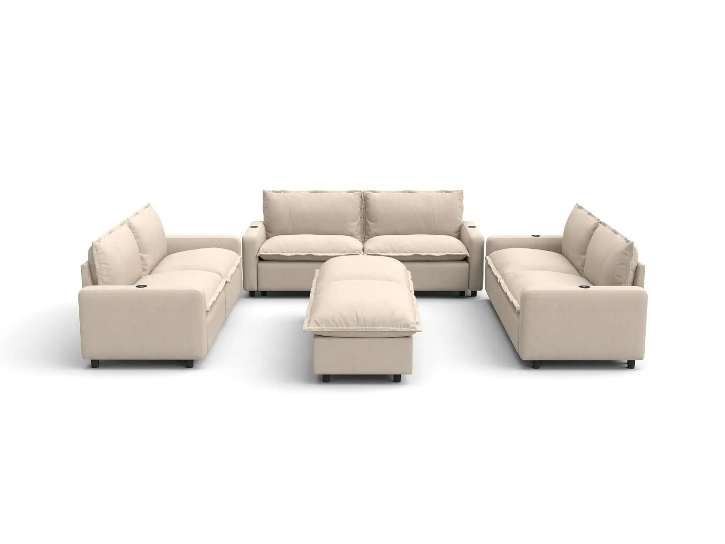 Modular Cero Reclining Sectionals | 8-Piece Beige Linen Open Space Sofa Sets 6-Seater with 2-Ottomans