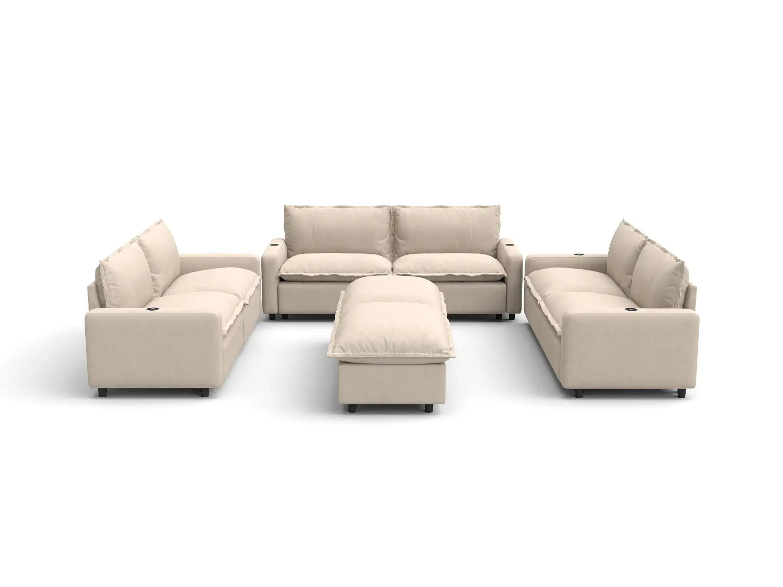 Modular Cero Reclining Sectionals | 8-Piece Beige Linen Open Space Sofa Sets 6-Seater with 2-Ottomans