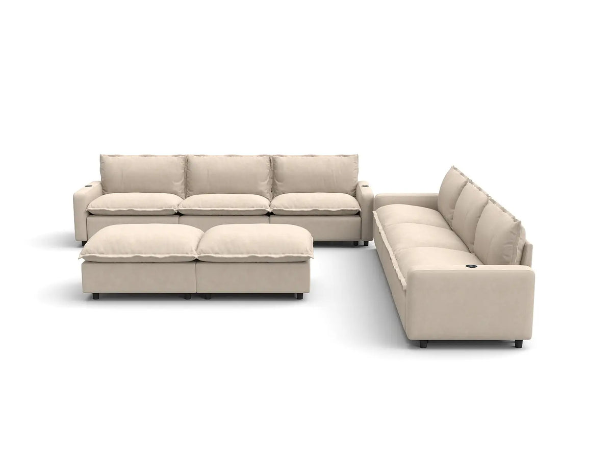 Modular Cero Reclining Sectionals | 8-Piece Beige Linen Open Space Sofa Sets 6-Seater with 2-Ottomans