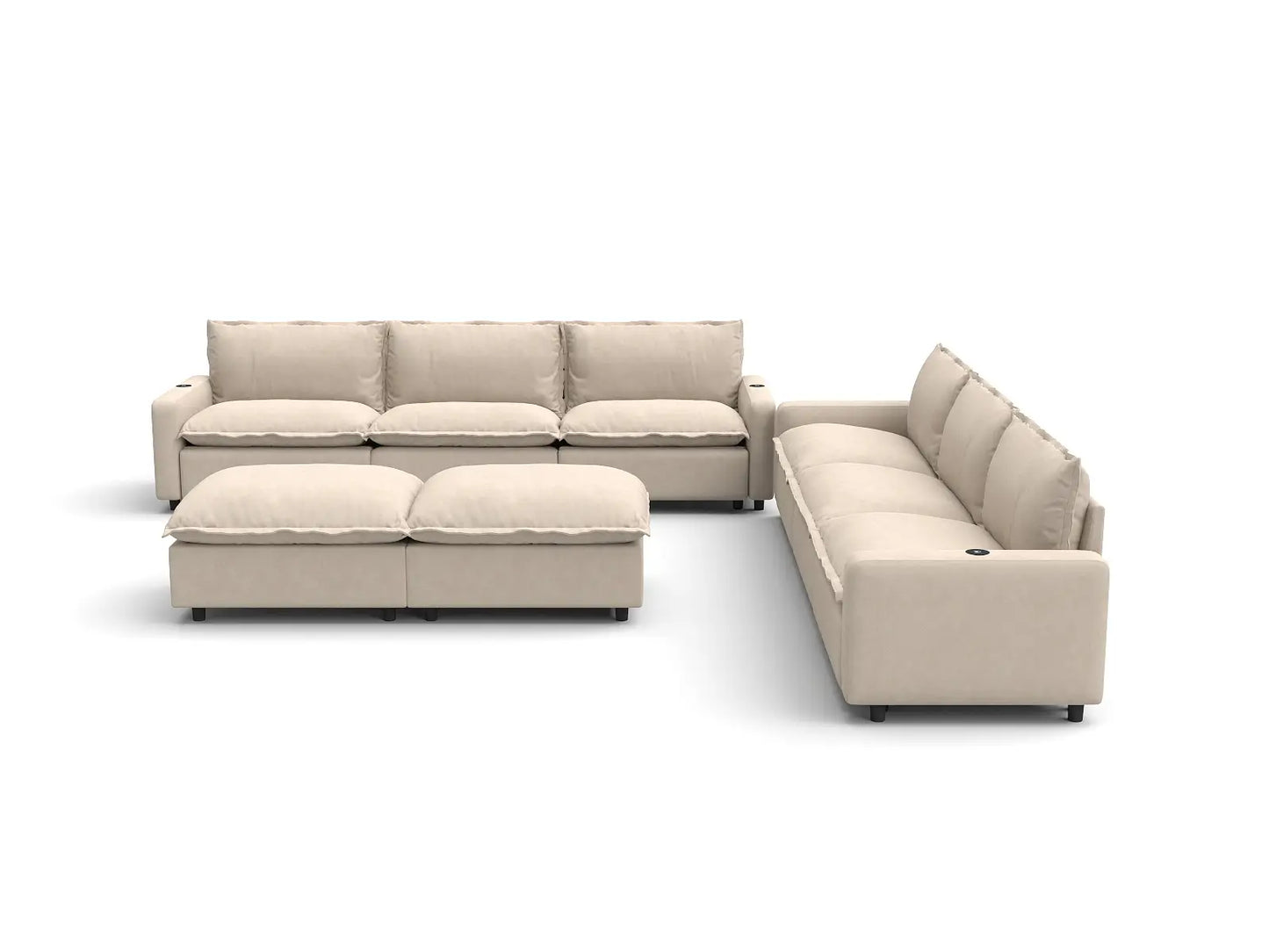 Modular Cero Reclining Sectionals | 8-Piece Beige Linen Open Space Sofa Sets 6-Seater with 2-Ottomans