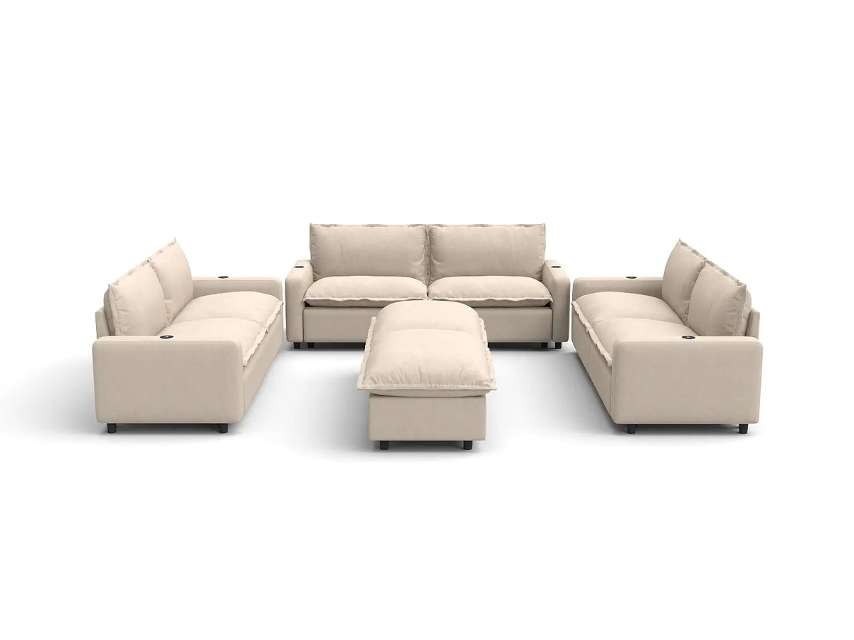 Modular Cero Reclining Sectionals | 8-Piece Beige Linen Open Space Sofa Sets 6-Seater with 2-Ottomans