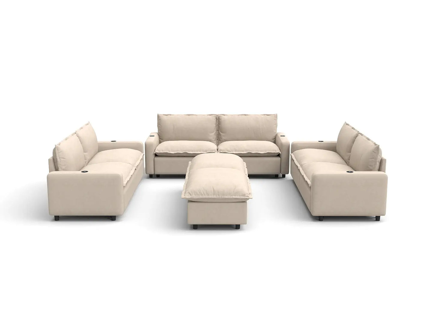 Modular Cero Reclining Sectionals | 8-Piece Beige Linen Open Space Sofa Sets 6-Seater with 2-Ottomans