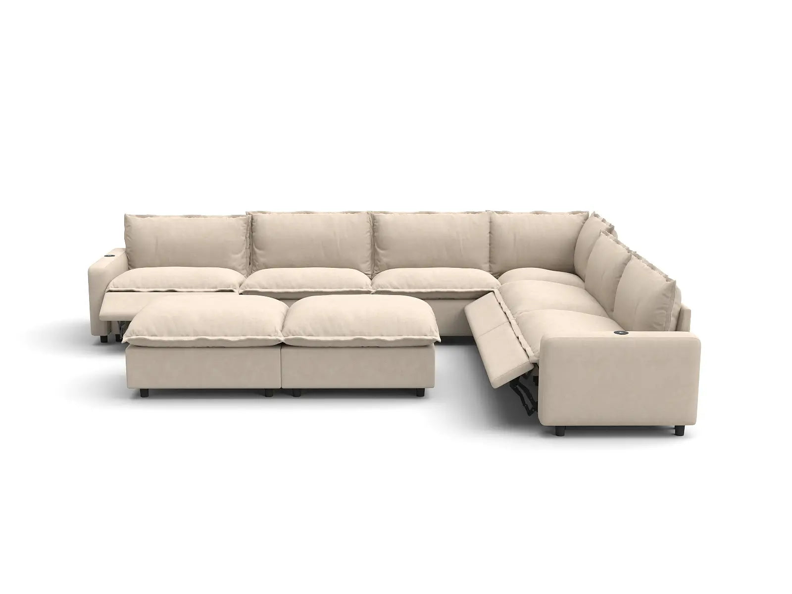 Modular Cero Reclining Sofa and Recliner Set | 8-Piece Beige Linen Open Space Sofa Sets 6-Seater with 2-Ottomans