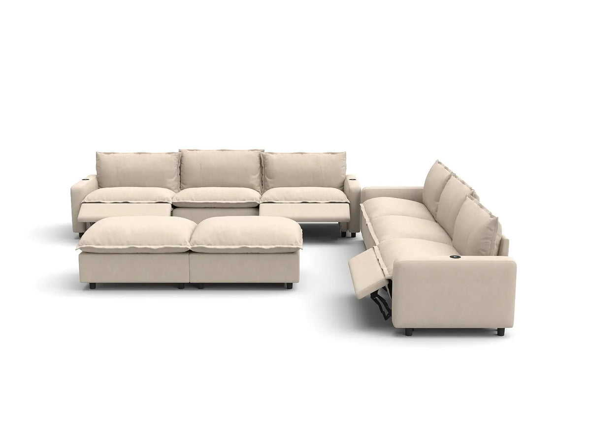 Modular Cero Reclining Sectionals | 8-Piece Beige Linen Open Space Sofa Sets 6-Seater with 2-Ottomans