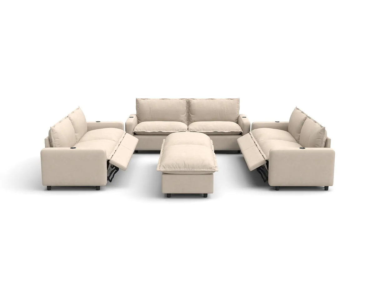 Modular Cero Reclining Sectionals | 8-Piece Beige Linen Open Space Sofa Sets 6-Seater with 2-Ottomans