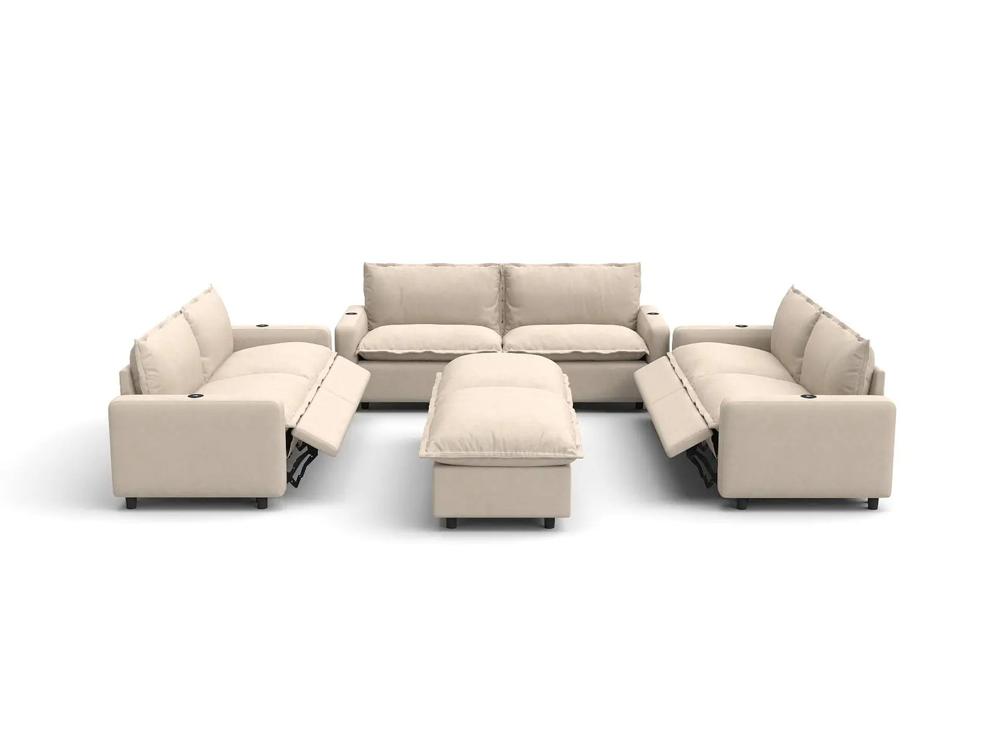Modular Cero Reclining Sectionals | 8-Piece Beige Linen Open Space Sofa Sets 6-Seater with 2-Ottomans