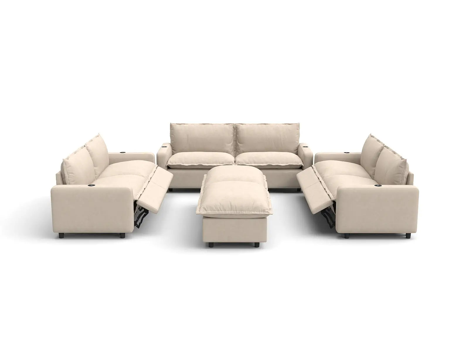 Modular Cero Sofa Set with Recliner | 8-Piece Beige Linen Open Space Sofa Sets 6-Seater with 2-Ottomans