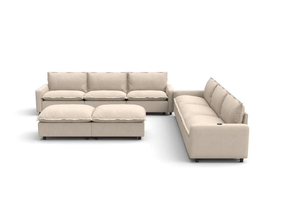 Modular Cero Reclining Sectionals | 8-Piece Beige Linen Open Space Sofa Sets 6-Seater with 2-Ottomans