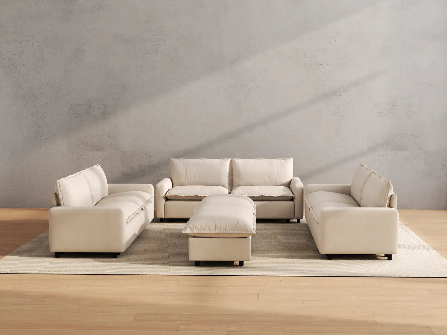 Modular Cero Modular Sectionals | 8-Piece Beige Linen Open Space Sofa Sets 6-Seater with 2-Ottomans