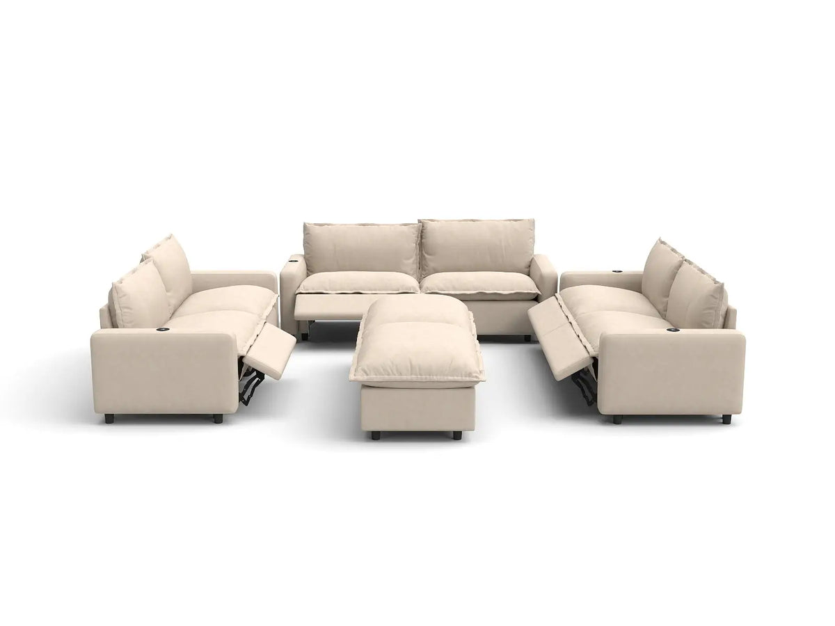 Modular Cero Reclining Sectionals | 8-Piece Beige Linen Open Space Sofa Sets 6-Seater with 2-Ottomans