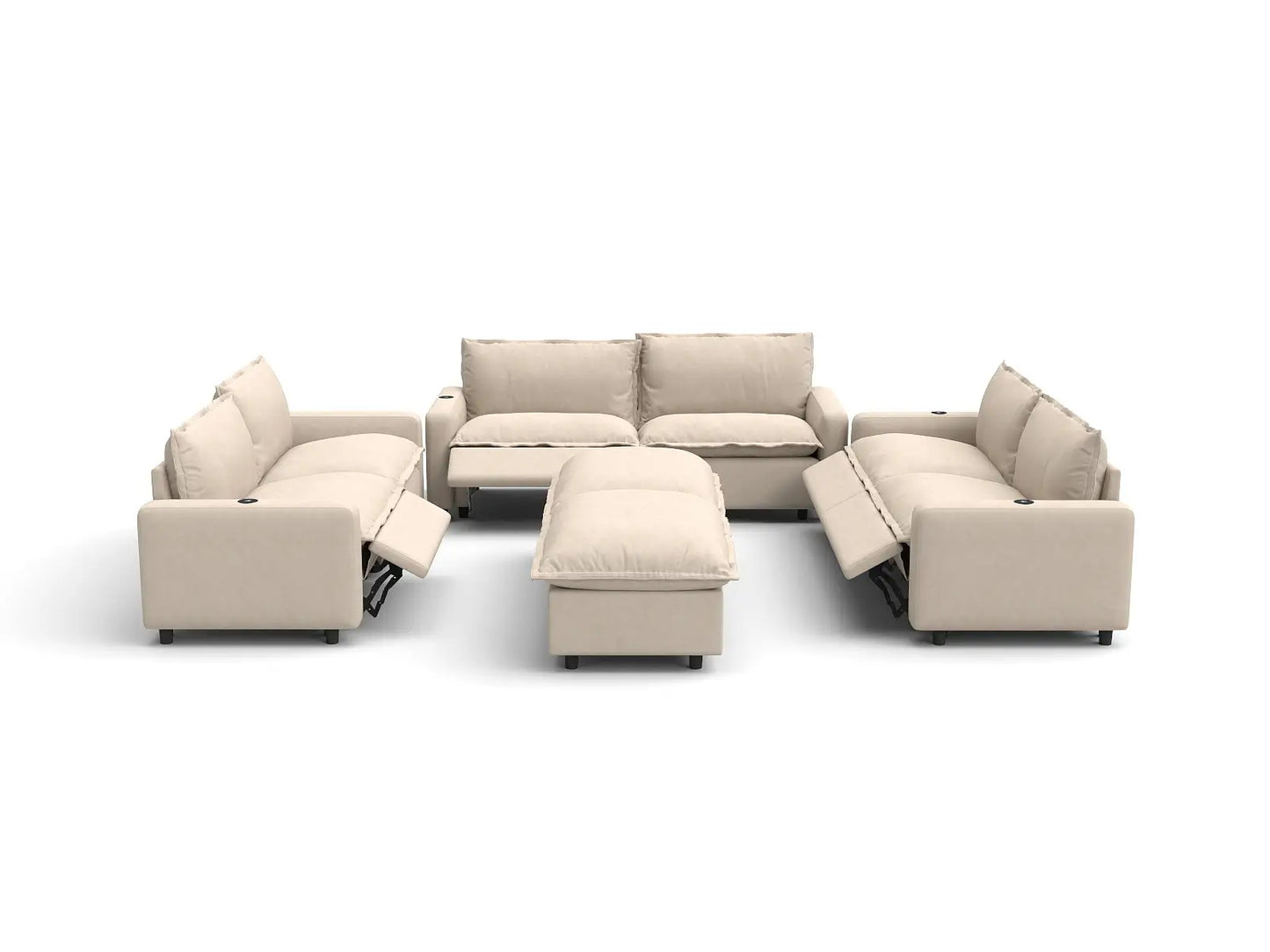 Modular Cero Reclining Sectionals | 8-Piece Beige Linen Open Space Sofa Sets 6-Seater with 2-Ottomans