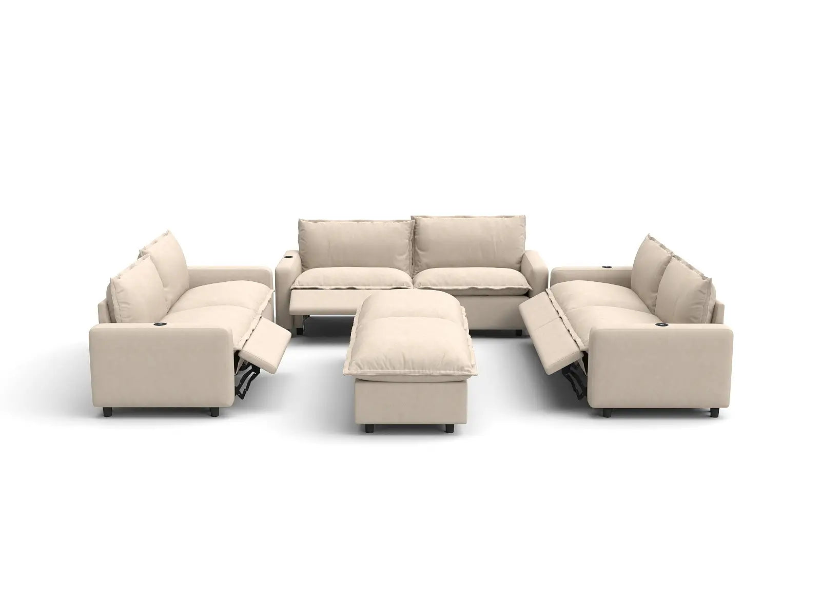 Modular Cero Reclining Sectionals | 8-Piece Beige Linen Open Space Sofa Sets 6-Seater with 2-Ottomans