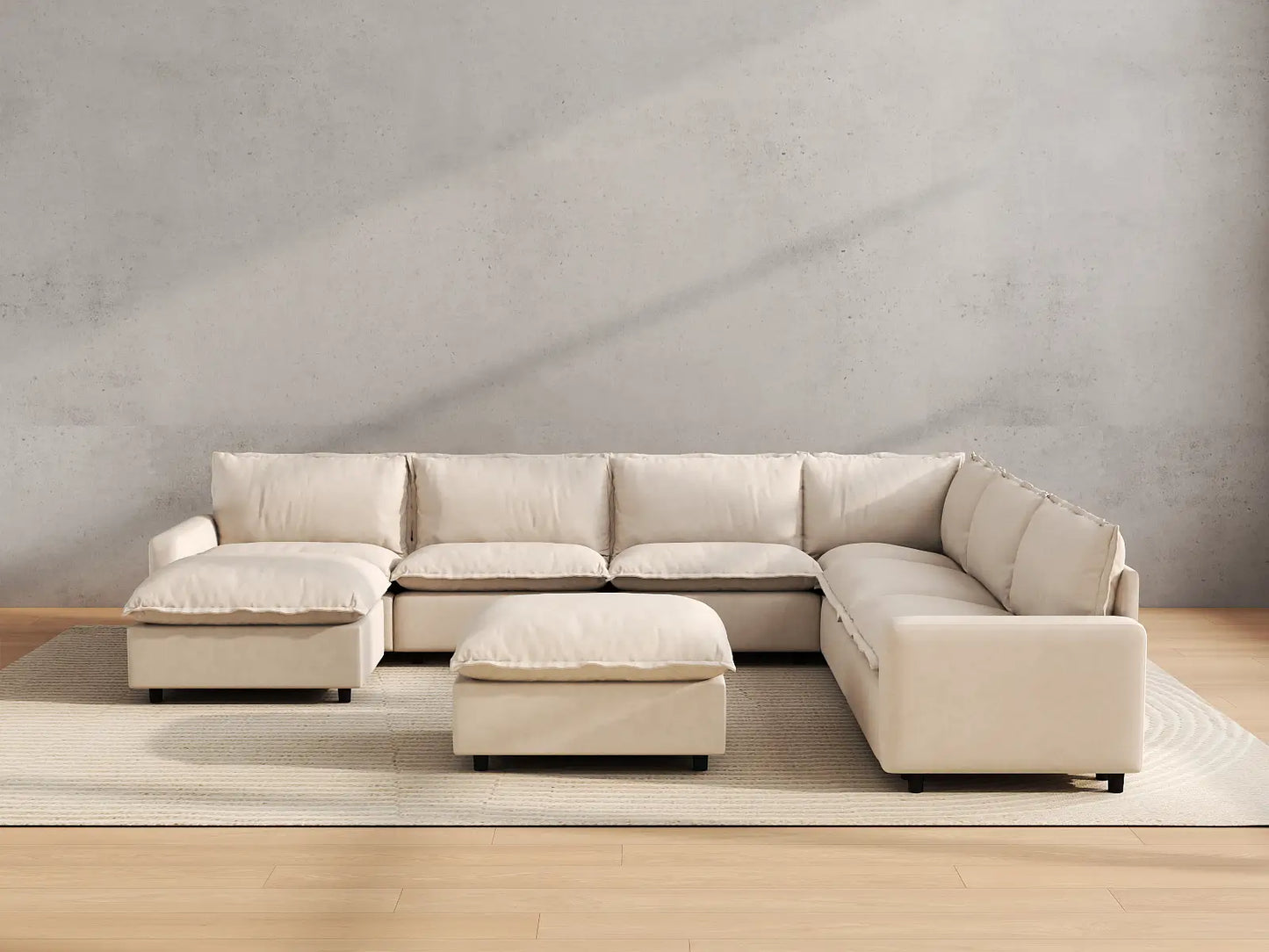 Modular Cero Modular Sectionals | 8-Piece Beige Linen Open Space Sofa Sets 6-Seater with 2-Ottomans