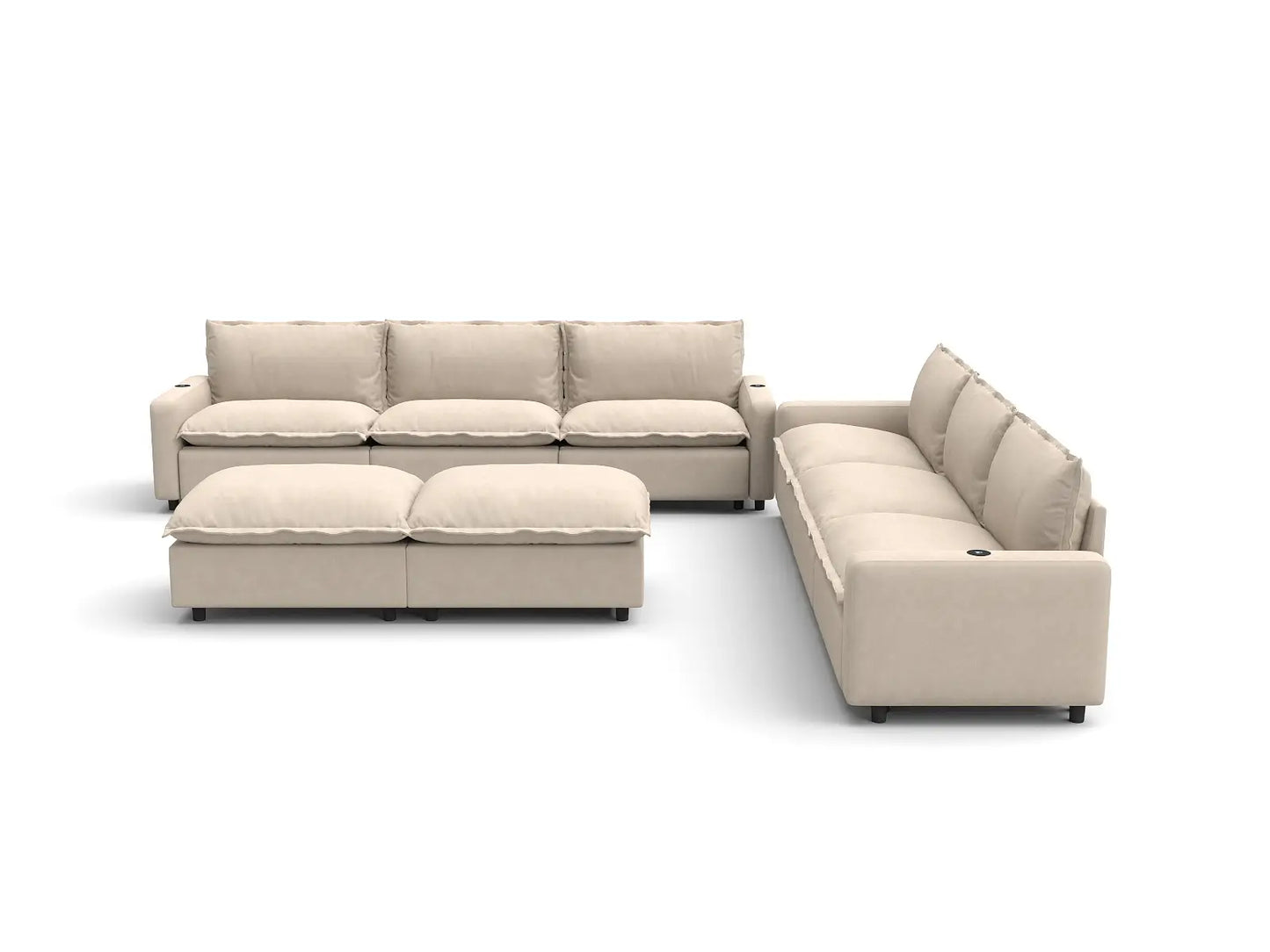 Modular Cero Power Reclining Sofa Set on Sale | 8-Piece Beige Linen Open Space Sofa Sets 6-Seater with 2-Ottomans