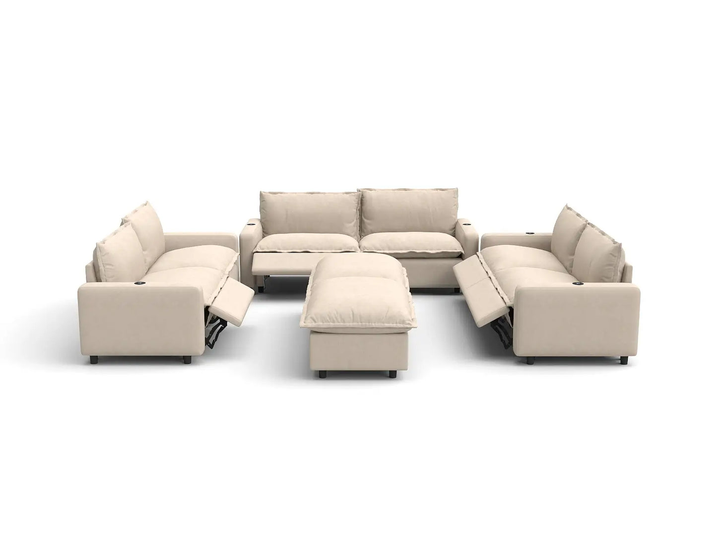 Modular Cero Reclining Sectionals | 8-Piece Beige Linen Open Space Sofa Sets 6-Seater with 2-Ottomans