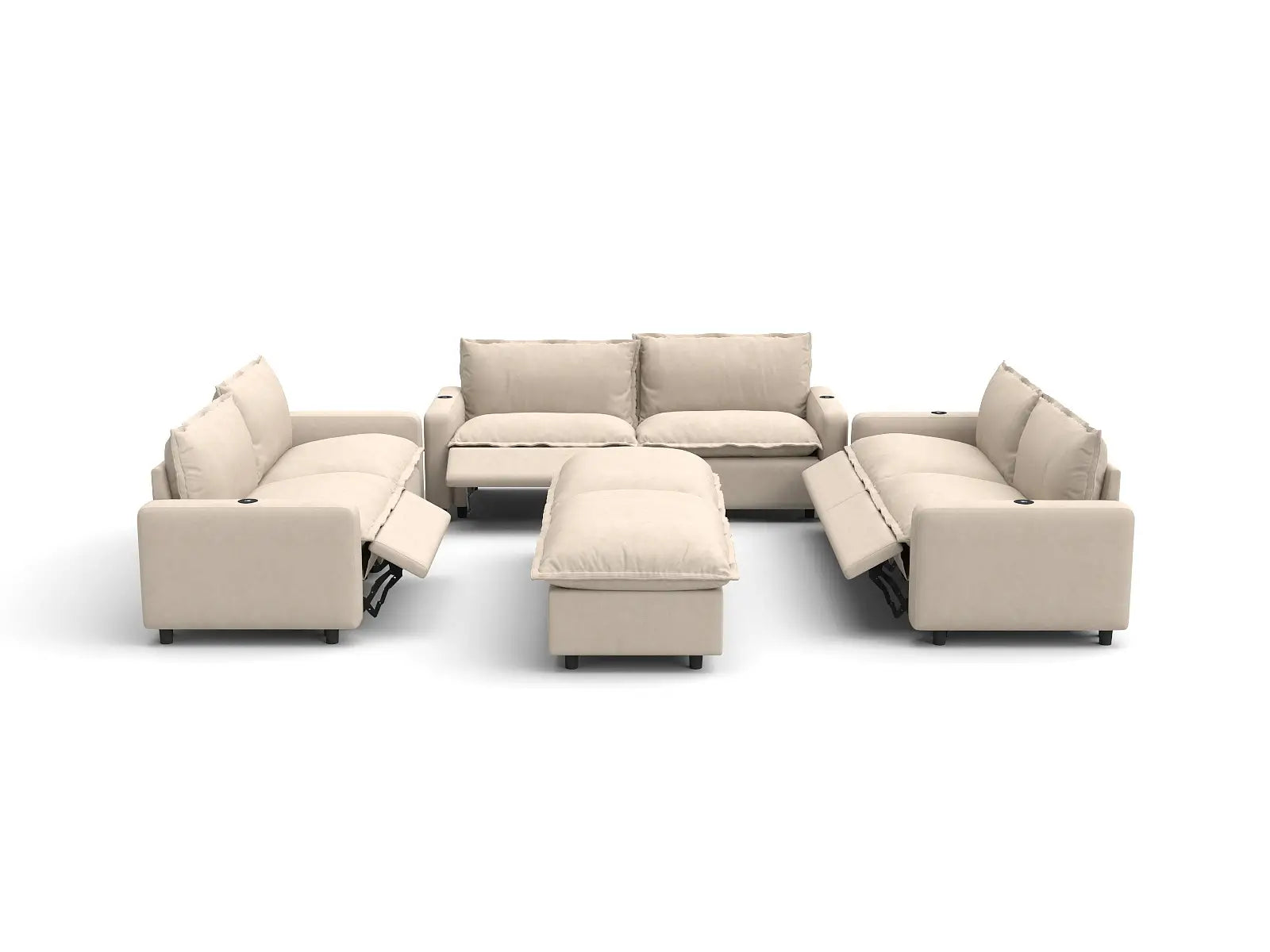 Modular Cero Reclining Sectionals | 8-Piece Beige Linen Open Space Sofa Sets 6-Seater with 2-Ottomans